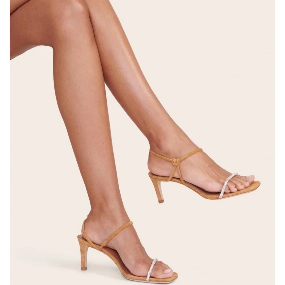 STAUD Tan Suede Strappy Heeled Sandals Rhinestone laurel Crystal heel size 38.5 - Picture 12 of 16